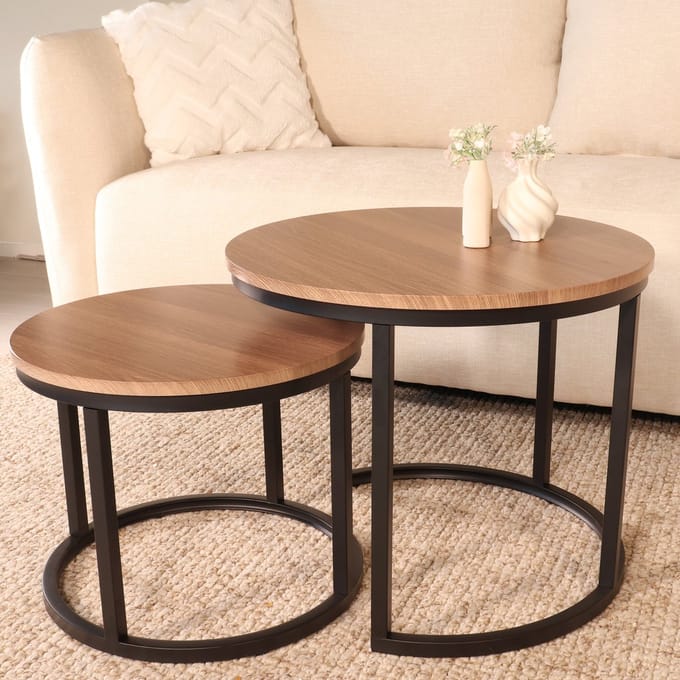 Salontafel rond 2delig bruin MDF Rutger ronde bijzettafel side table