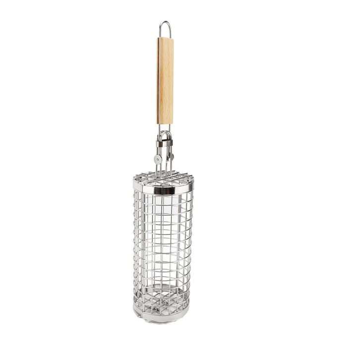 Rollende Grillmand Open Sluit Type RVS Mand Houten Handvat Rollend Grillnet voor white