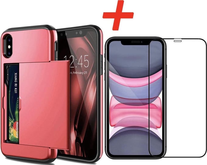 Pasjeshouder geschikt voor Apple iPhone X / XS - Rood - met Glazen Screenprotector