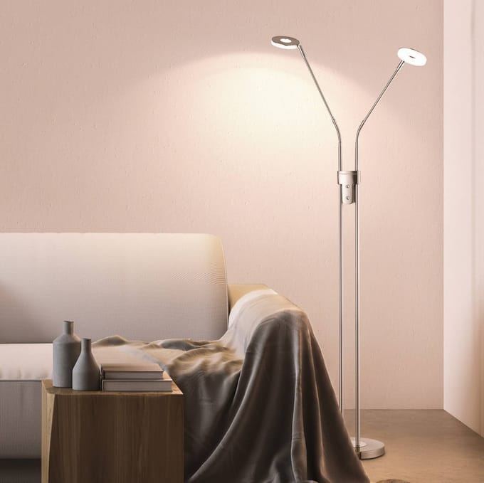 Fischer & Honsel - Vloerlamp Dent - 2x LED 6,0 W (incl). - Mat Nikkel / Chroom afwerking
