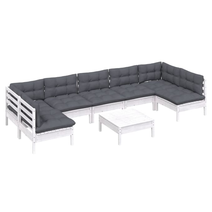 vidaXL - 8-delige - Loungeset - met - kussens - massief - grenenhout - wit