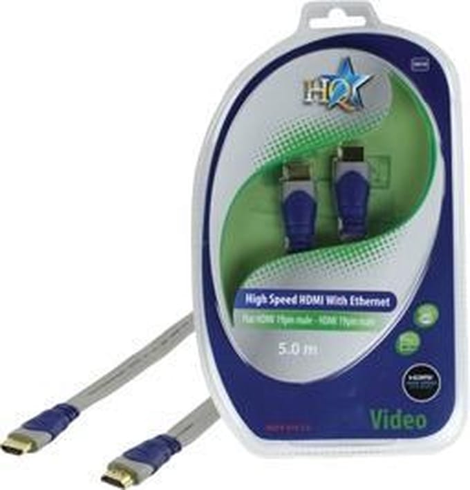 HQ - 1.4 High Speed platte HDMI kabel  - 5 m - Grijs/Blauw