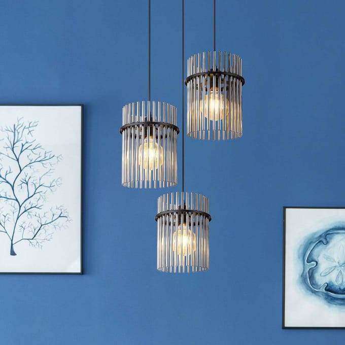 Globo Hanglamp Gorley, rookkleurig/zwart, 3-lamps, Ø 47 cm, glas, E27