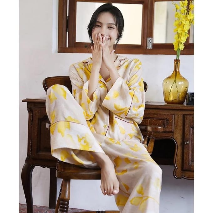 Damespyjama Set Bladprint Pyjama Zijde Casual Huispak Pyjama Dames Huisset XL geel