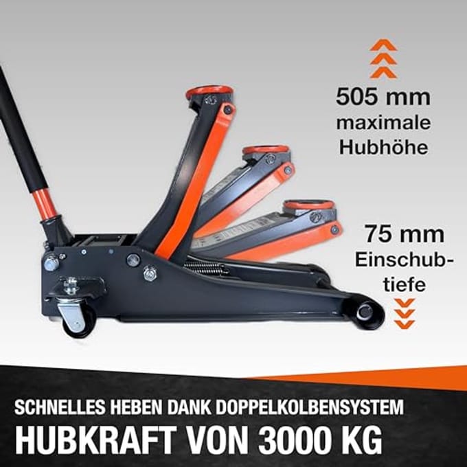 4T Extra Flakke Trolley Jack 3000 kg - Hydraulische Dubbel Piston