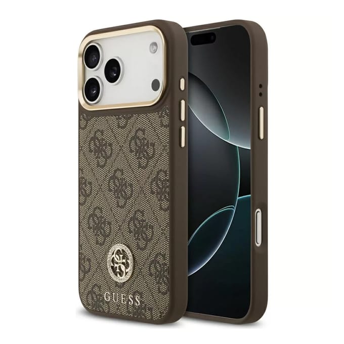 Guess Classic Strass Logo Leather Backcover met MagSafe voor de Apple iPhone 17 Pro - Bruin
