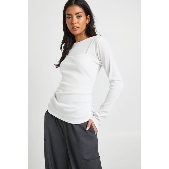 boohoo Dames Vest Dubbele Laag Lange Mouw Top | White | Maat: 8
