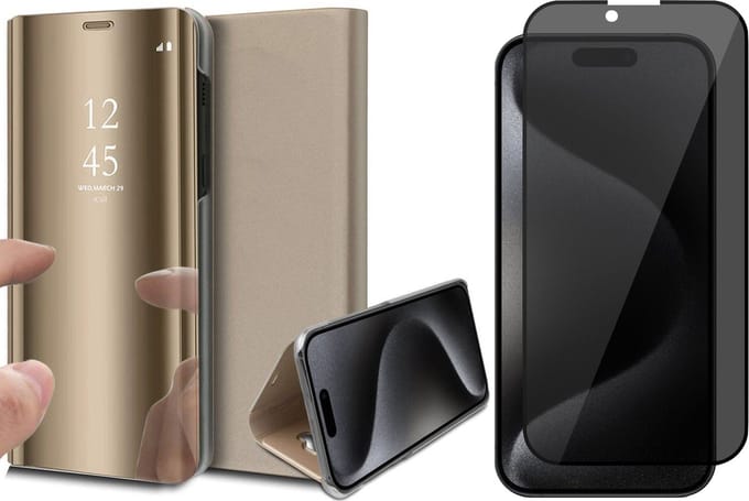 Hoesje geschikt voor iPhone 15 Pro Max - Privacy Screen Protector FullGuard - Book Case Spiegel Goud & Screenprotector