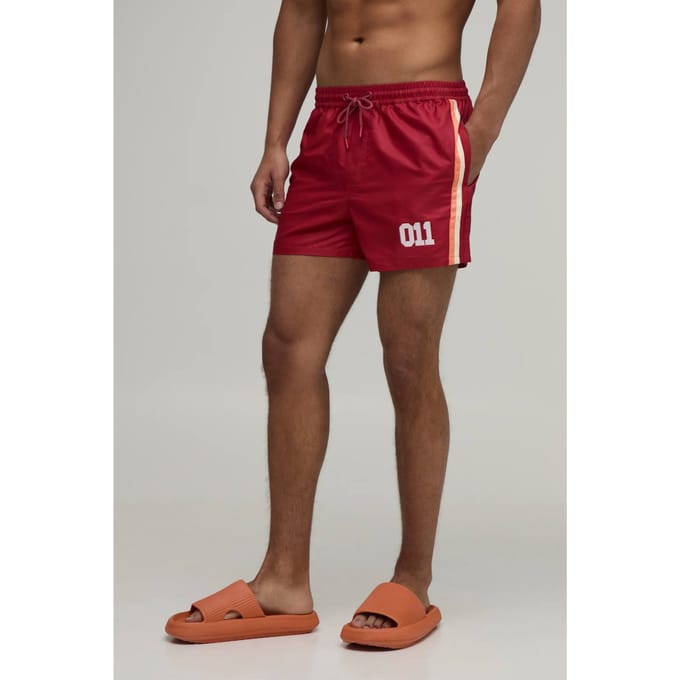 Side Stripe Panelled Applique Short Length Swim Short | Red | Size Medium