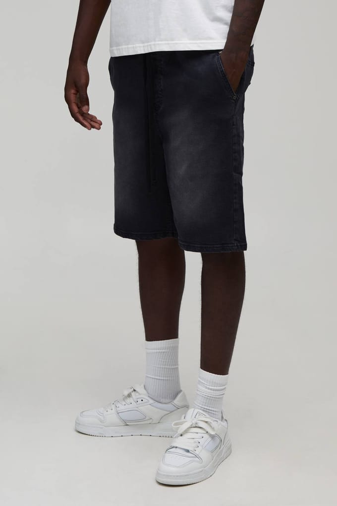 Denim Short Met Stretch En Verlengd Trekkoord | Washed Black | Size XS