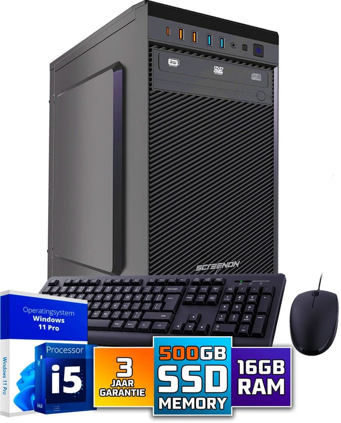 Intel Compleet PC SET | Intel Core i5 | 16 GB DDR4 | 500 GB SSD + Muis & Toetsenbord | Windows 11 Pro + WiFi & Bluetooth