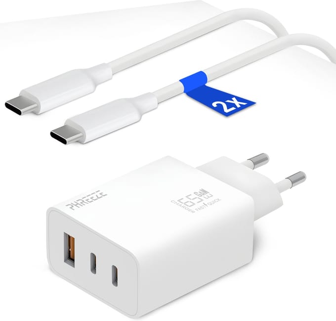 65w usb C Lader met 3 Poorten (2x usb-C, 1x usb-A) - Inclusief 2x usb C Kabels 1 Meter - Supersnelle Adapter