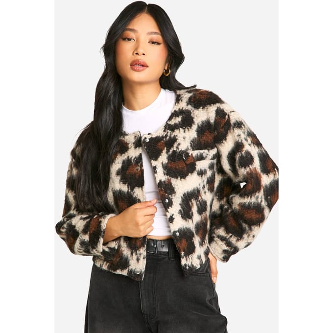 boohoo Dames Petite Luipaard Wollen Look Bomberjas | Luipaardprint | Maat: 36