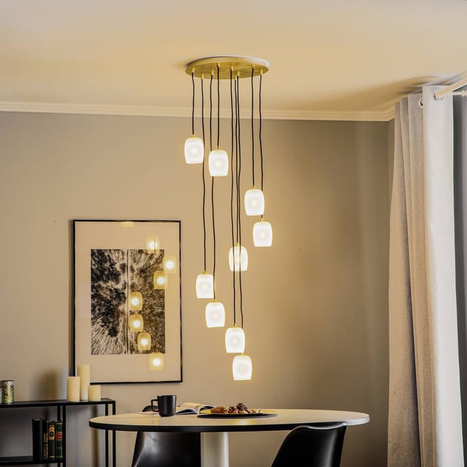 Lucande - hanglamp - 9lichts - Ijzer, glas - G9 - messing, zandwit