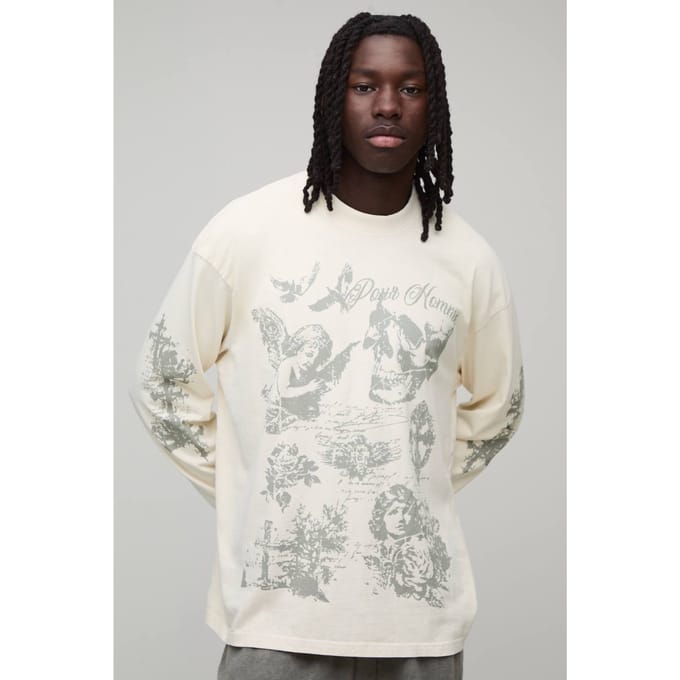 Gewassen Ecru Oversized Gothic Doodle Print T-shirt Met Lange Mouwen | Size Large