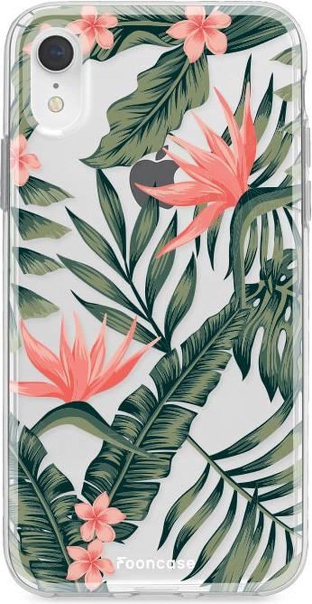 Fooncase Hoesje Geschikt voor iPhone XR - Shockproof Case - Back Cover / Soft Case - Tropical Desire / Bladeren / Roze