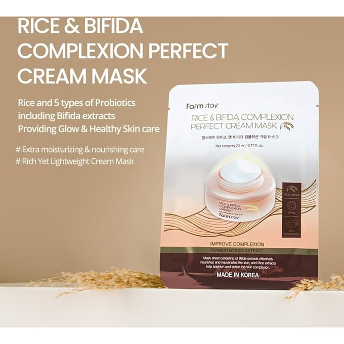 Farm Stay Rice & Bifida Complexion Perfect Cream Mask 10 sheets +RANDOM GIFT white