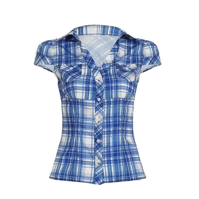 Casual Overhemd Revers Zak Knoopsluiting Vest Temperament Top L blauw