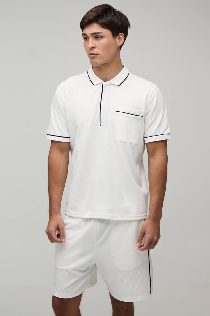 Piqué Contrasterende Biesjes Verborgen Knoopsluiting Regular Fit Boxy Polo & Regular Fit Short Set | Ecru | Size Medium