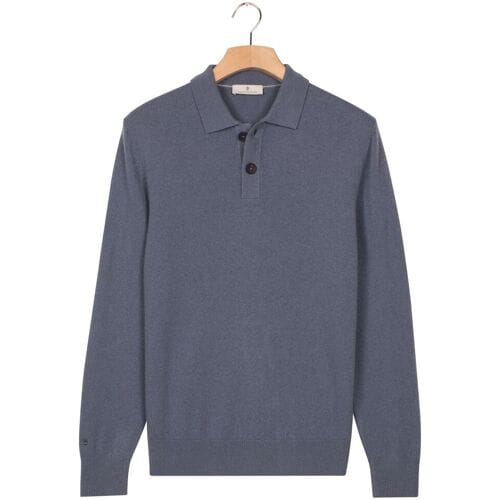 Thomas Maine Trui Polo Pullover Button Collar Fine Lambswool Single Knit Storm Sky / male