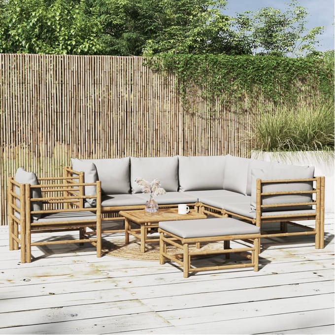 vidaXL - 8-delige - Loungeset - met - kussens - bamboe - lichtgrijs