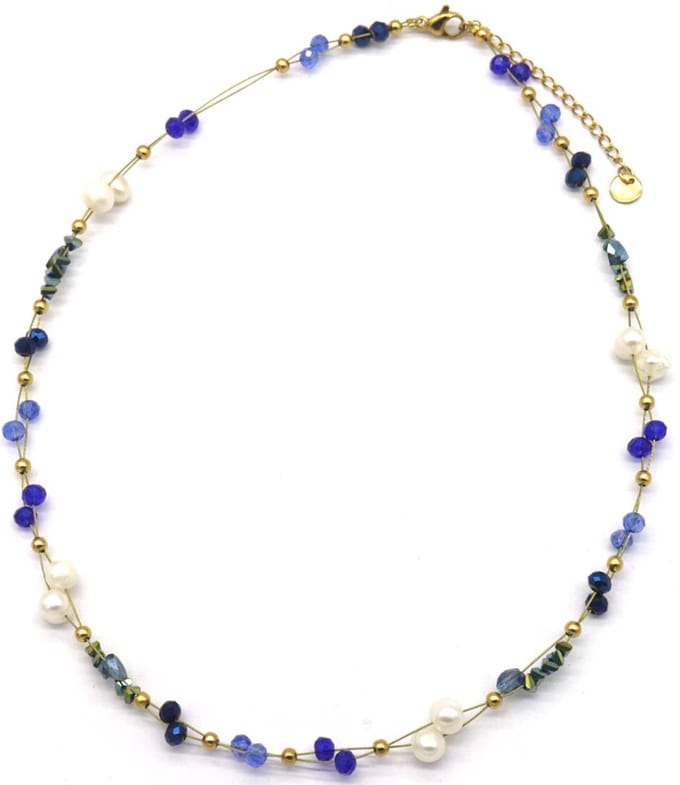 Ketting - Parels en Kralen - RVS - Lengte 39-45 cm - Blauw