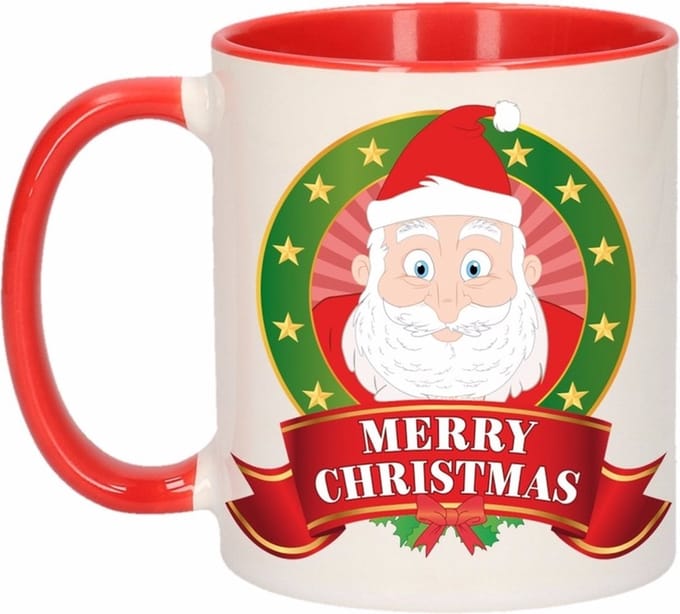 Kerst beker / mok - rood met wit - 300 ml keramiek - Kerstman print