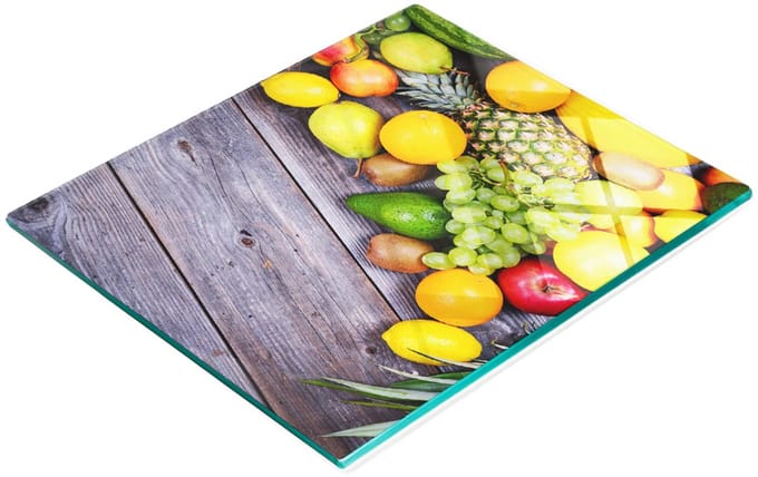 Glazen serveerplank met afbeelding van fruit op hout, 60x52 cm