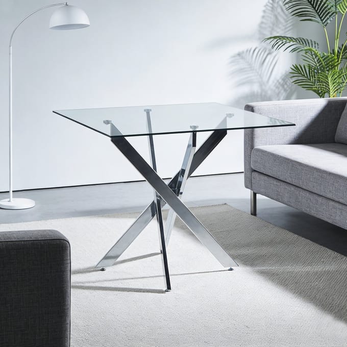 MODFU Vierkante Eettafel - Kruispoot - Ruimtebesparend - Modern - Glas En Metaal - Zilver - 80 X 80 X 75 Cm