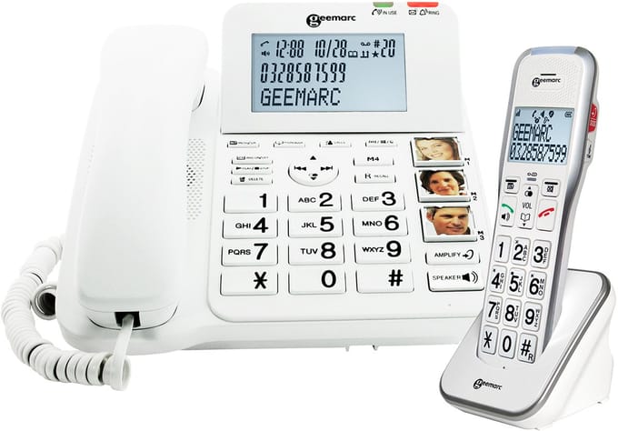 Geemarc, Telefoon voor senioren Basisstation met snoer en AmpliDect Combi 596 extra handset, Wit