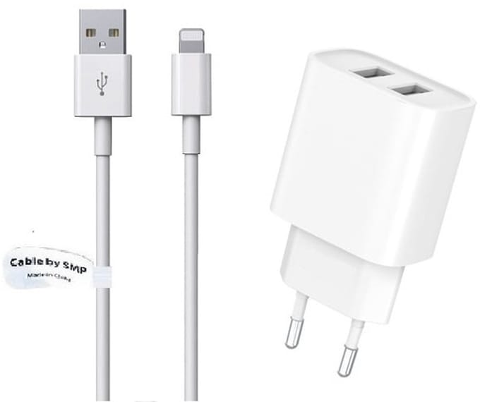 OneOne 2.4A lader met 2 poorten + 2,0m OneOne Lightning kabel. Oplader adapter past op Apple iPhone XR, iPhone XS, iPhone XS Max, iPhone 10, iPhone 11, iPhone 11 Pro, iPhone 11Pro Max, iPhone 12, iPhone 12 Mini, iPhone 12 Pro