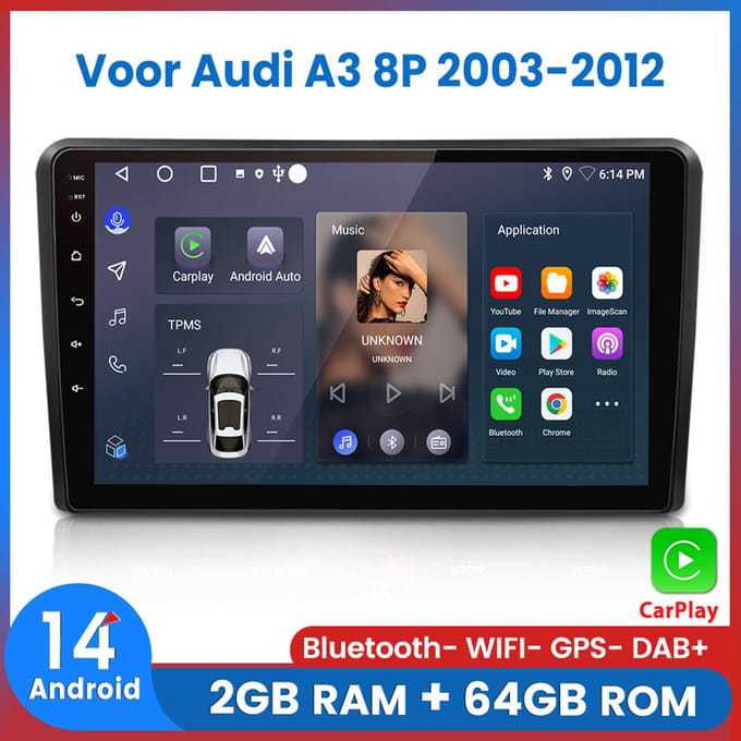 Awesafe Geschikt Voor Audi A3 (2003 t/m 2012) - 2+64GB 4Core - 9 inch Android 14.0 CarPlay Autoradio - Draadloos CarPlay & Android Auto - Bluetooth & WiFi - GPS Navigatie