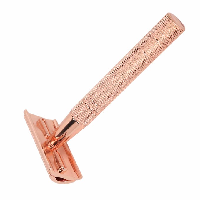 Veiligheid Baardtrimmer Handvat Dubbele Snijkanten Wasbaar Handmatig Baardtrimmes voor Mannen Roségoud rosé gouden kleur