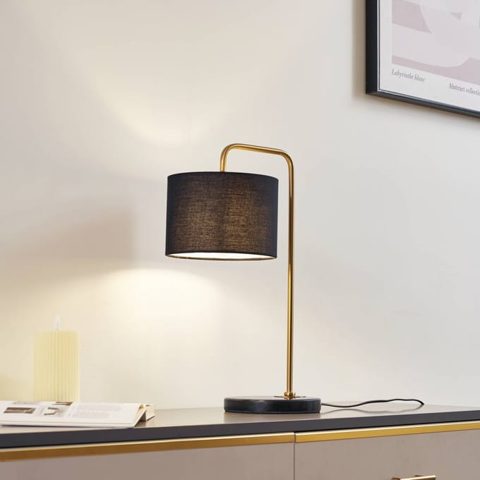 Lindby - Tafellamp - 1licht - Textiel, marmer, metaal - H: 49 cm - E27 - zwart, goud