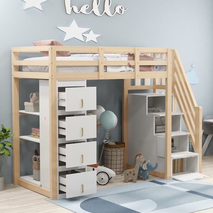 REDOM Bedframe 90x200 cm – Hoogslaper met 4 laden & 3-vaks rek – Massief hout – Naturel