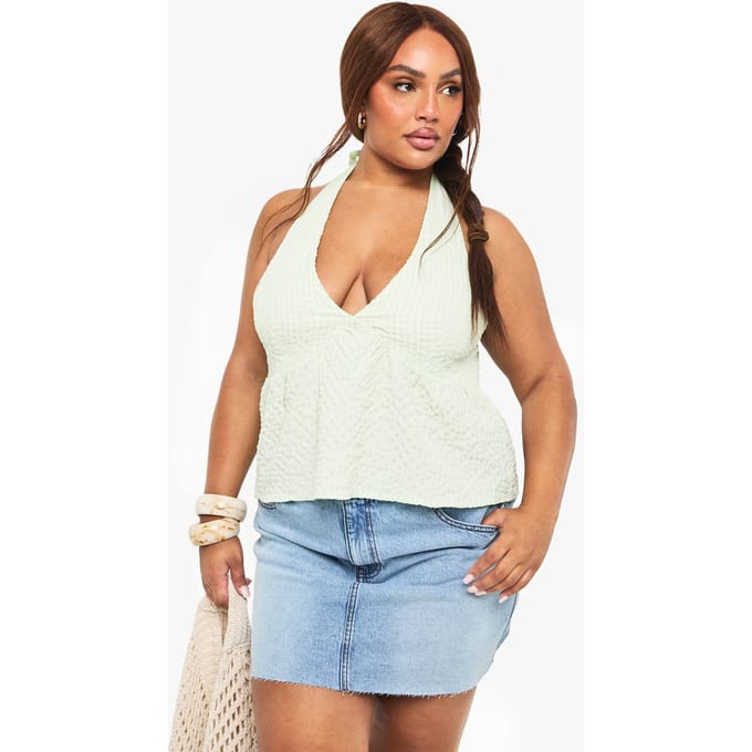 boohoo Dames PLUS GINGHAM HALTER SMOCK TOP | Groente | Maat: 56