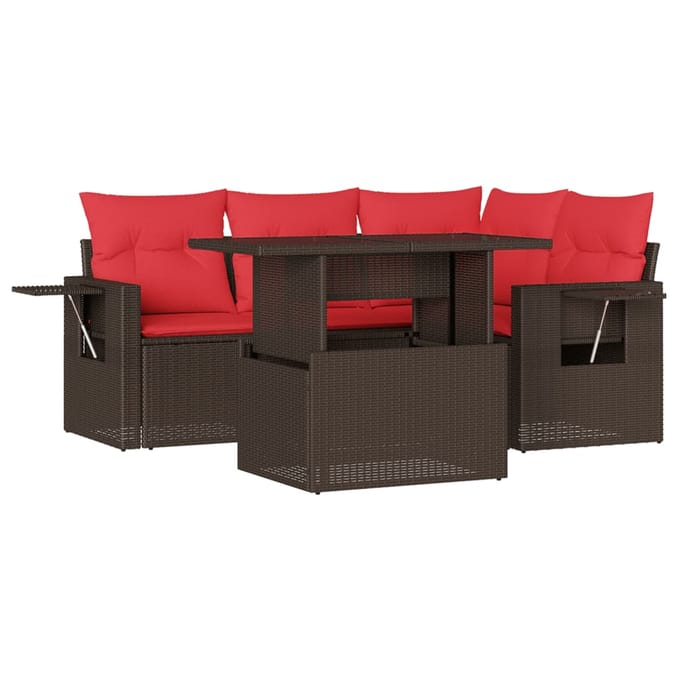 vidaXL - 5-delige - tuinbankset - met - kussens, - bruin - polyrotan