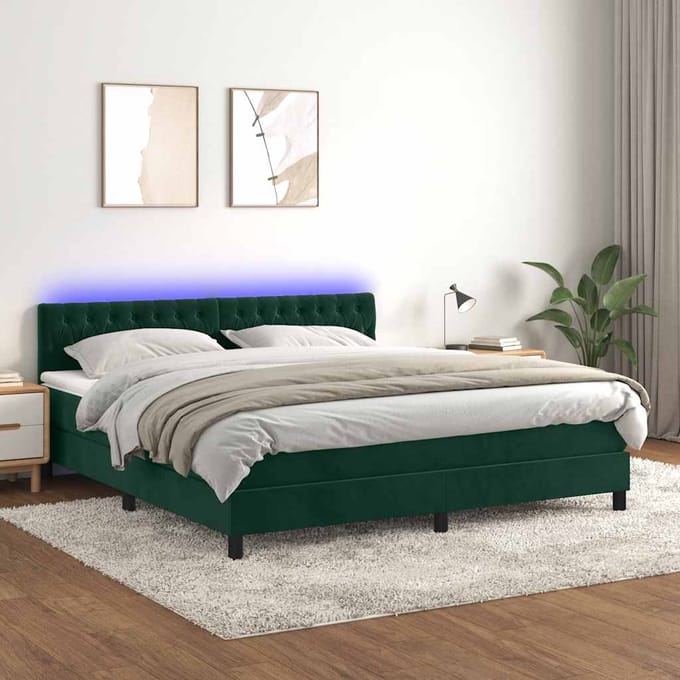 vidaXL - Boxspring - met - matras - en - LED - fluweel - donkergroen - 180x200 - cm