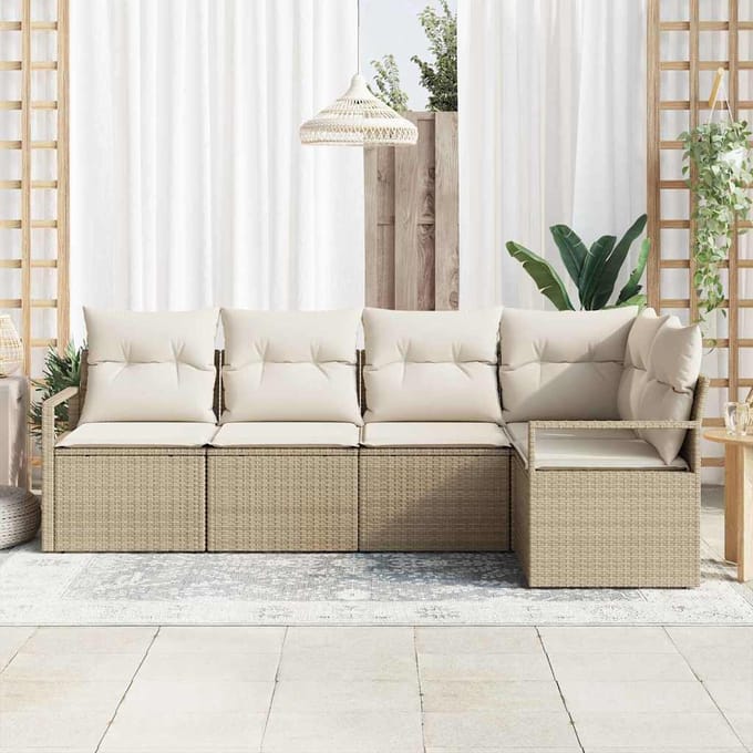 vidaXL - Tuinbank - Set - 5 - st - Beige - en - Wit - poly - rattan