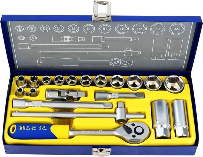 20-Piece Socket Spanner Set 3-8 Inch Lock-Drive Profile in Metal Box - Rusty Screws - Ratchet Case - Vanadium Chrome - S&R