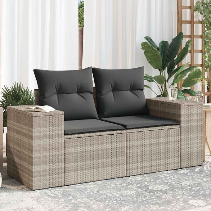 vidaXL - Tuinbank - 2-zits - met - kussens - poly - rattan - lichtgrijs