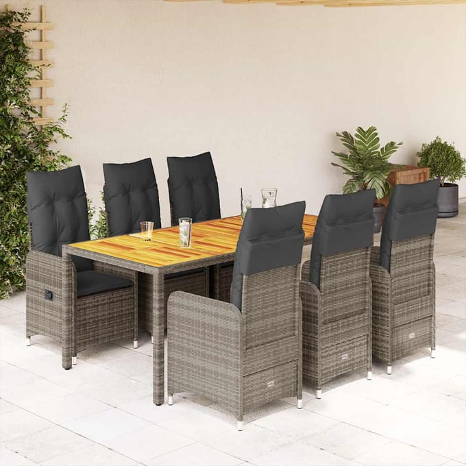 vidaXL - 7-delige - Bistroset - met - kussens - poly - rattan - grijs