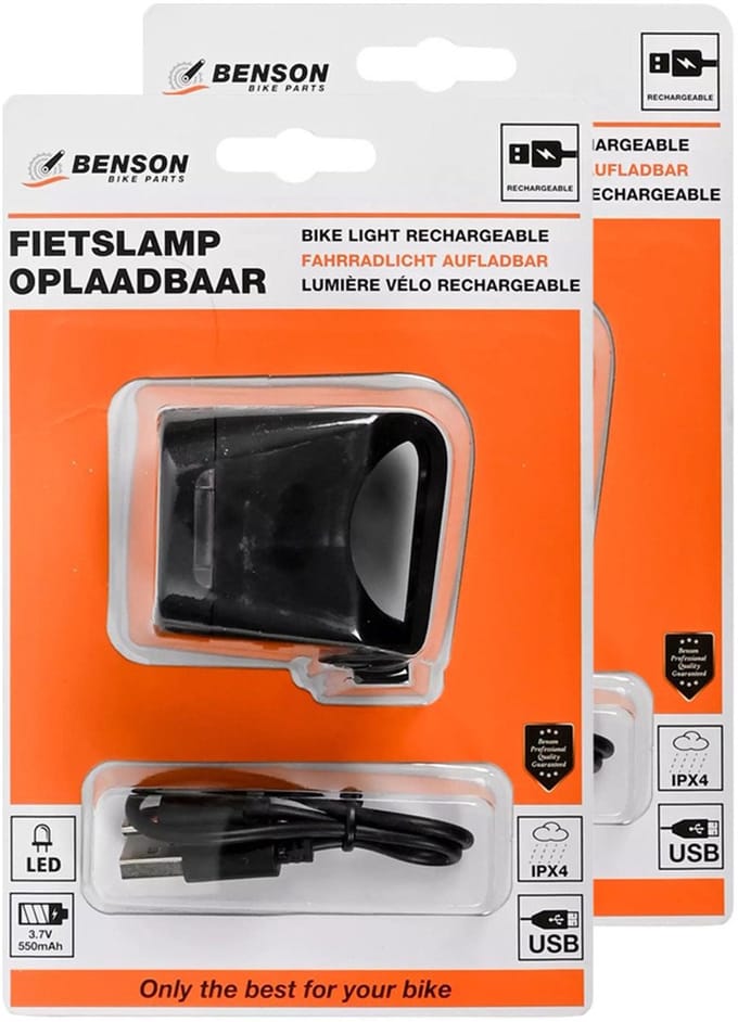 Benson LED fietslamp - 2x - wit - USB oplaadbaar - waterbestendig