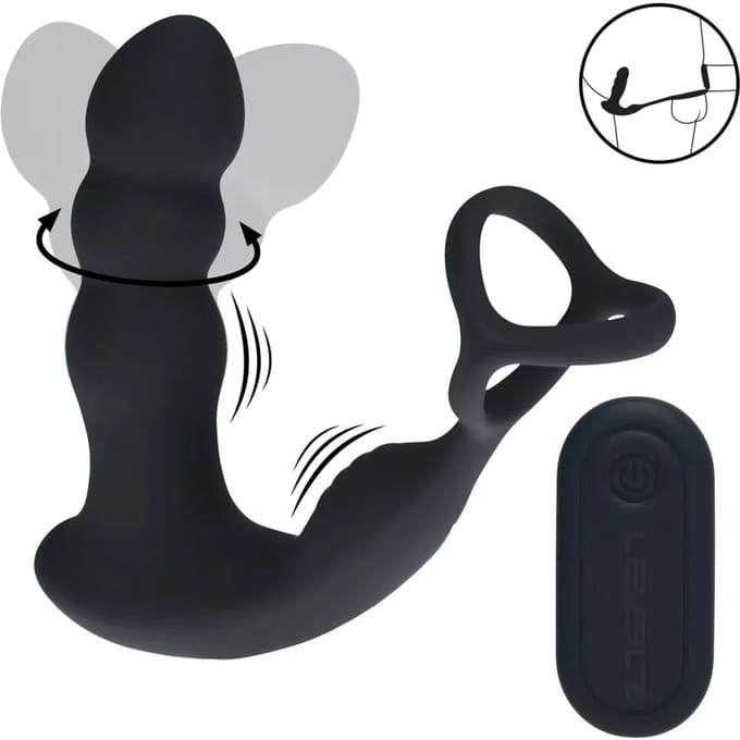 Dual Vibrating Remote Rotating Head Silicone Prostate Stimulator with Cock and Ball Ring - Black