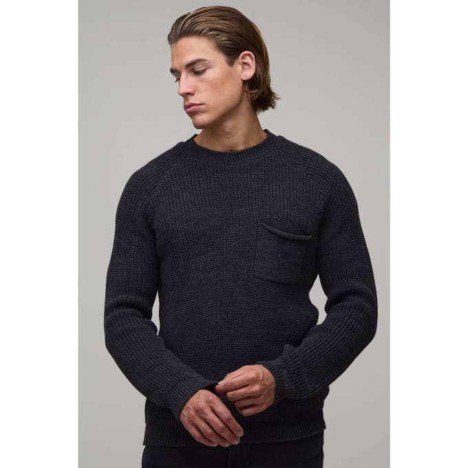 Regular Fit Raglan Geribbelde Gebreide Trui | Charcoal | Size Medium
