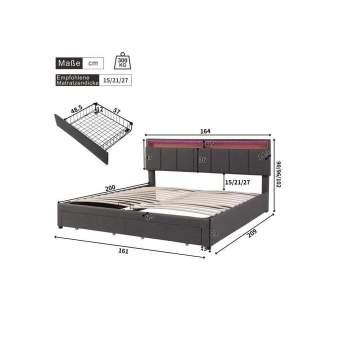 Lit rembourré avec éclairage LED, lit double avec cadre en acier, lin, 160*200 cm, gris