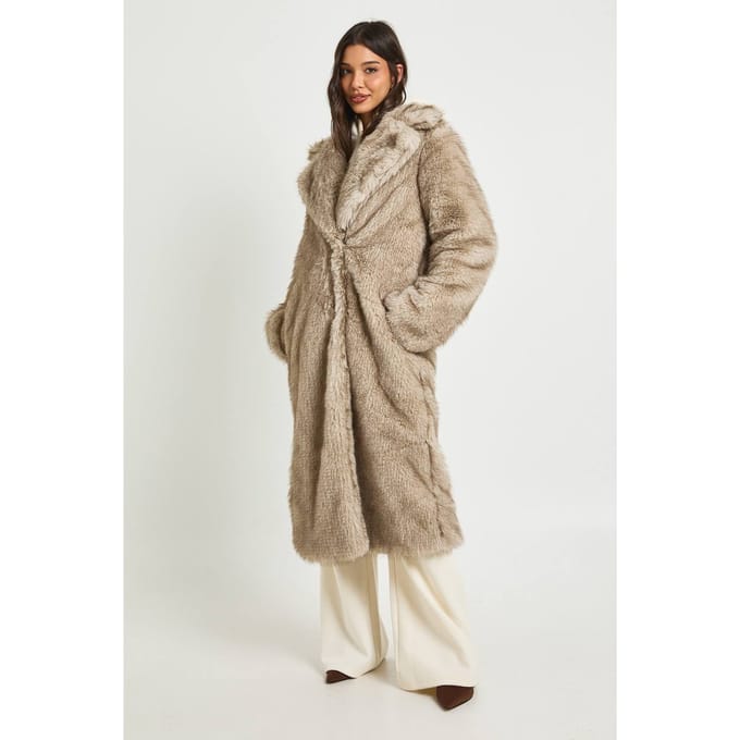 boohoo Dames Vintage Look Nepbont Maxi Jas | Natural | Maat: 14