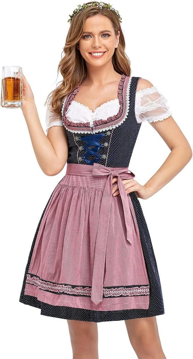 Traditionele Dirndl Jurk Dames Midi – Beiers Oktoberfest Kostuum met Schort
