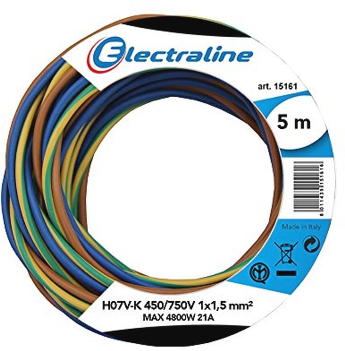 Kabelrol 1 x 1.5 mm², 5 m lengte, Bruin, Geel/Groen, Blauw