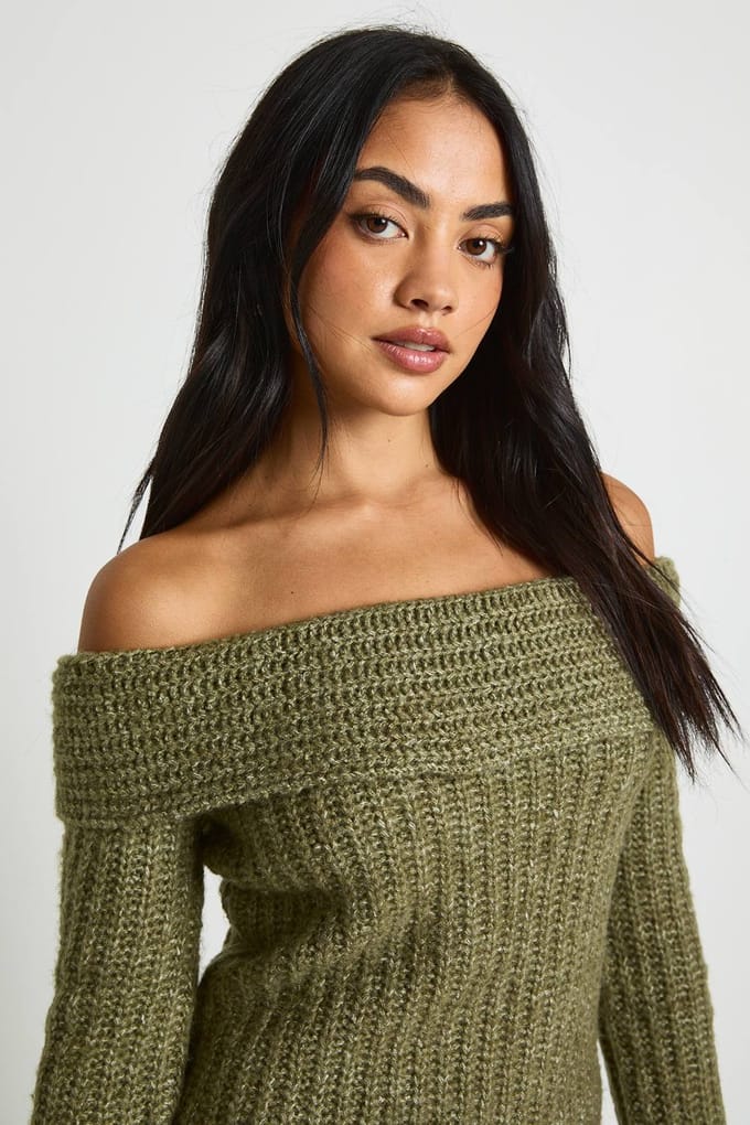 boohoo Dames Chunky Knit Bardot Mini Jurk | Khaki | Maat: Medium